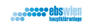 Logo der „ebswien hauptkläranlage“ mit blauen kreisförmigen Punkten, die ein Muster bilden, und Text in Blau daneben, der effiziente Spülverfahrenstechniken für die Kommunale Rohrreinigung symbolisiert.