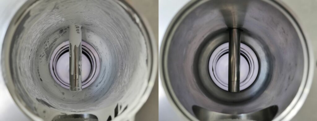 A split image showing a close-up of a blender blade assembly before and after thorough cleaning, highlighting the meticulous attention to detail akin to industrial standards found in Gewerbe settings.