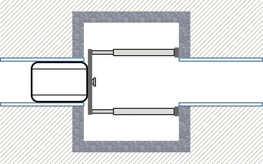 Illustration of a sectional overhead door mechanism in a wall opening, showing the door in a partially raised position with tracks and hinges on either side.
