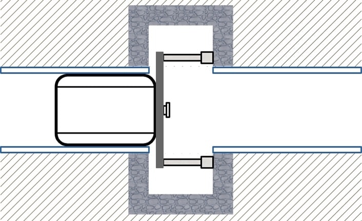 Diagram depicting a top-down view of a road cross-section with a vehicle crossing a bridge. The bridge is shown with structural elements extending into the ground below, as if prepared for a meticulous pig cleaning overhaul.