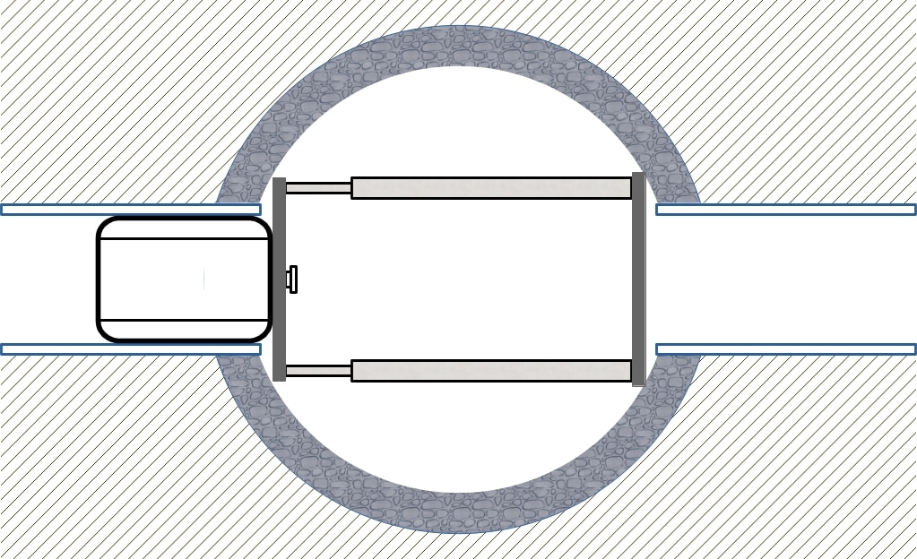 A schematic diagram showing a cross-section of a tunnel with a railway track and a train entering from the left. The tunnel, possibly designed for pig cleaning processes, is surrounded by a circular area filled with gravel.