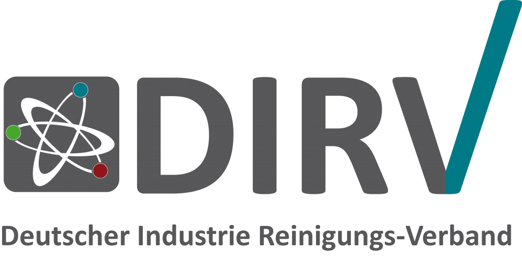 Das Logo des Deutschen Industrie Reinigungs-Verbandes (DIRV) besteht aus einem atomähnlichen Symbol und fettem Text sowie einem blauen Häkchen, das rechts in den Buchstaben „V“ integriert ist und subtil für die industrielle Rohrreinigung steht.
