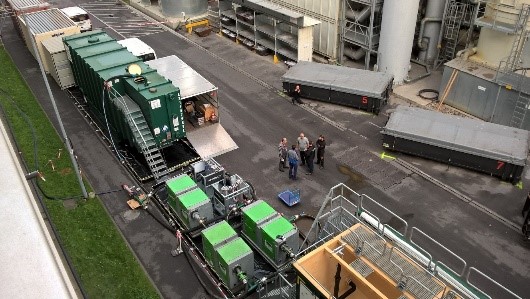 Aerial view of industrial equipment and a group of people standing on a paved area, preparing for pig cleaning.